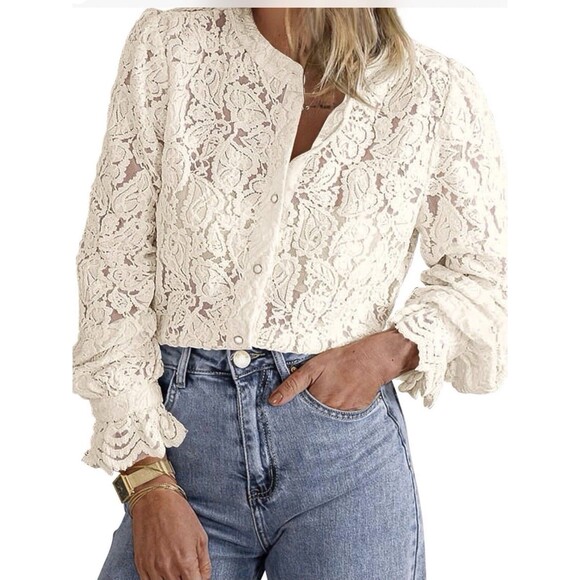 Pretty Garden Embroidered Lace Top Wms Medium Cream Button Romantic Cottagecore - Picture 2 of 12